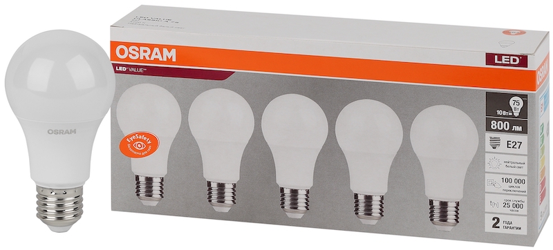 10SW/4000K (=75W) E27 230V (Экопак 5шт)- Светодиодная лампа OSRAM LED Value Груша