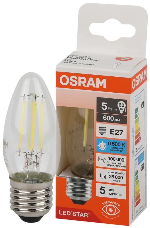 5W/6500K (=60W) E27 230V  LED STAR 5Y FILAMENT прозрачная - Светодиодная филаментная лампа Свеча OSRAM