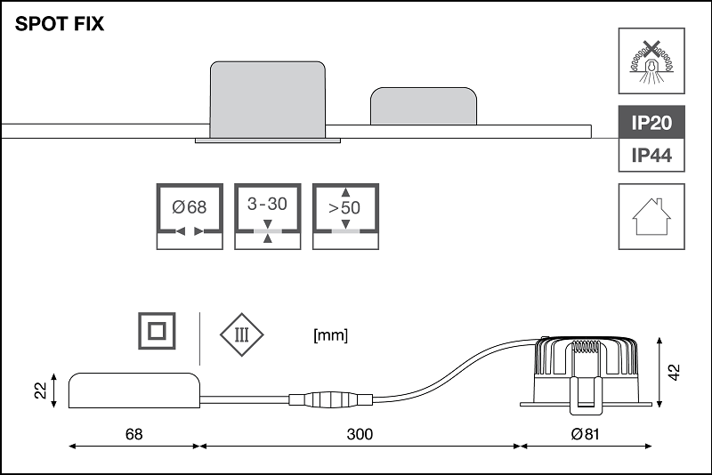 SPOT FIX 8W/927  DIM (Отсечка) 36° IP44 640Lm d81(68)x42  DIP-перекл - белый LED светильник LEDV