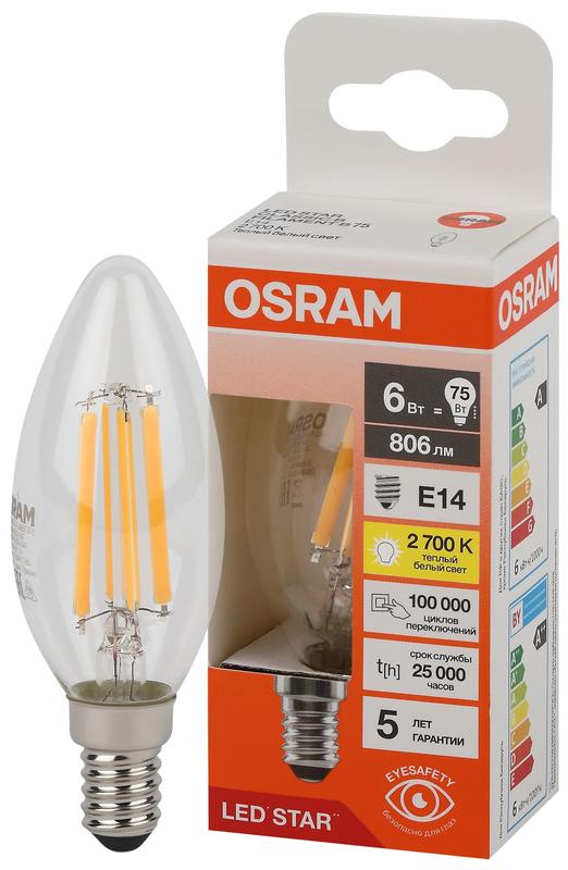 6W/2700K (=75W) E14 230V  LED STAR 5Y FILAMENT прозрачная - Светодиодная филаментная лампа Свеча OSRAM