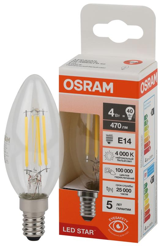 4W/4000K (=40W) E14 230V  LED STAR 5Y FILAMENT прозрачная - Светодиодная филаментная лампа Свеча OSRAM