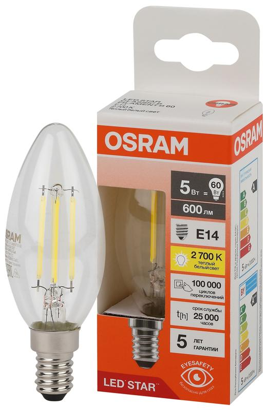 5W/2700K (=60W) E14 230V  LED STAR 5Y FILAMENT прозрачная - Светодиодная филаментная лампа Свеча OSRAM
