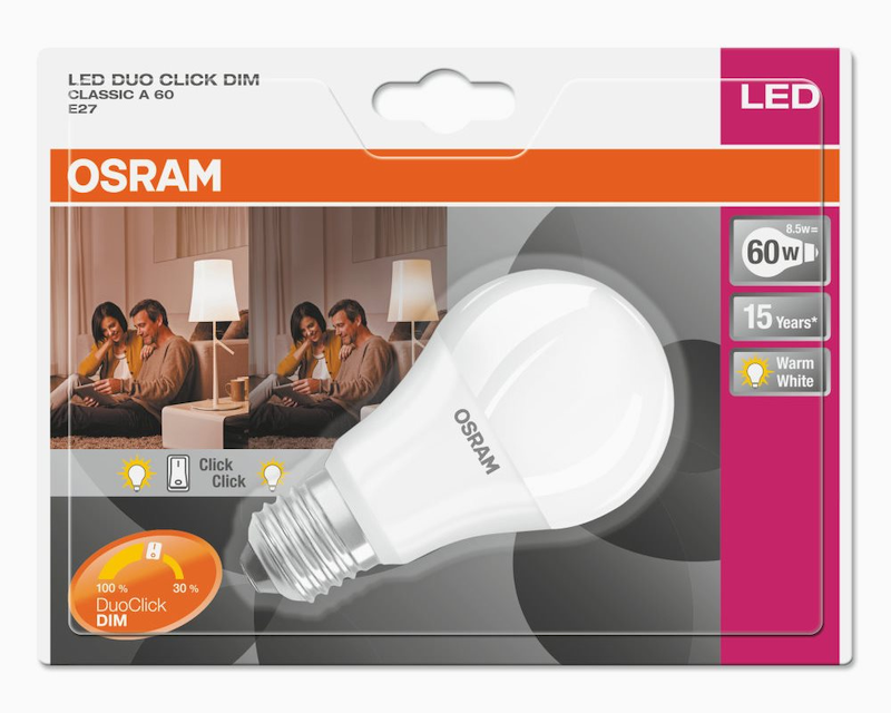 8.5W/2700K E27 230V  1клик-100% / 2клик-30% - Светодиодная лампа OSRAM