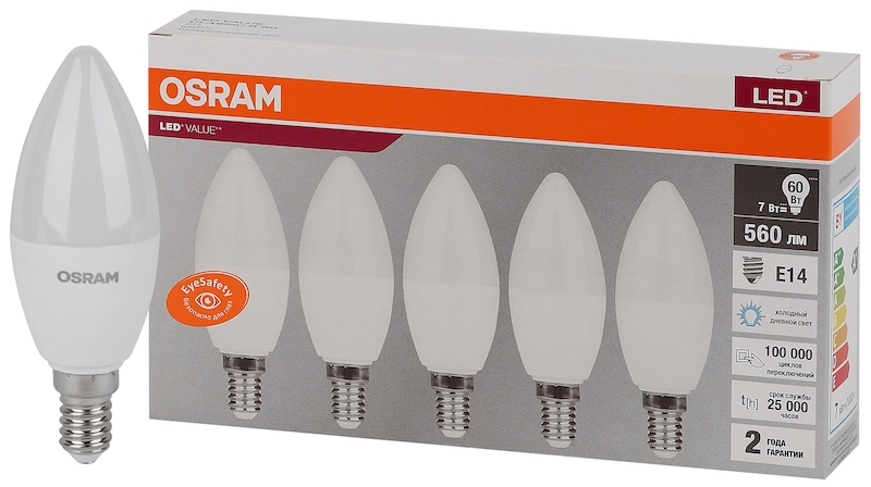 7SW/6500K(=60W) E14 230V (Экопак 5шт)- Светодиодная лампа OSRAM LED Value Свеча