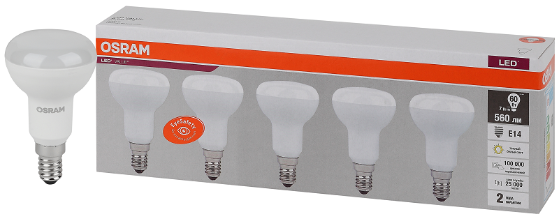 R50 7SW(=60W) 3000K E14 230V  (Экопак 5шт) - Светодиодная лампа OSRAM LED Value Рефлектор R50