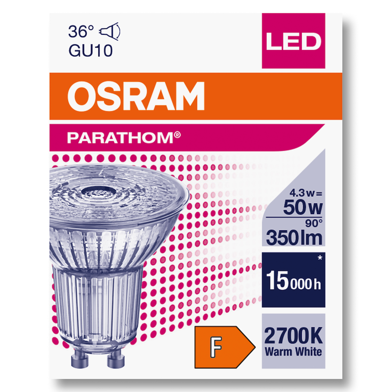 4.3W/827 (=50W) 36° GU10  350lm  PARATHOM Spot PAR16 - Светодиодная лампа OSRAM