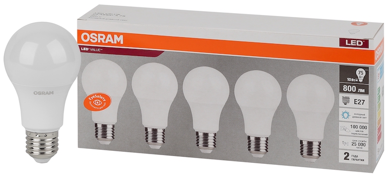 10SW/6500K (=75W) E27 230V (Экопак 5шт)- Светодиодная лампа OSRAM LED Value Груша