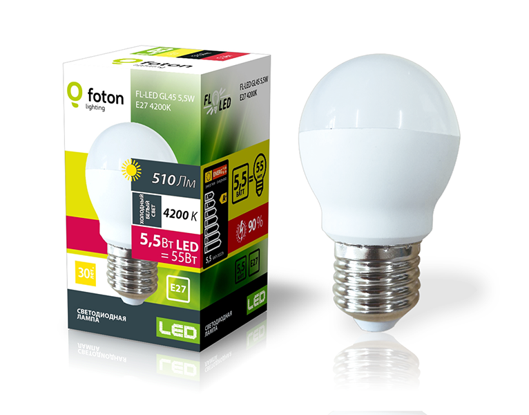 FL-LED GL45 5.5W E27 4200К 220V 510Лм 45*80мм FOTON_LIGHTING  -  лампа шарик