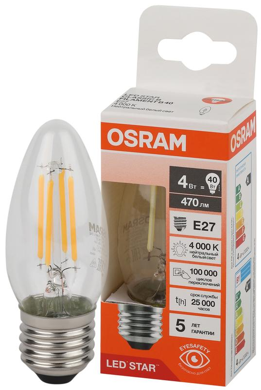 4W/4000K (=40W) E27 230V  LED Star 5Y FILAMENT прозрачная - Светодиодная филаментная лампа Свеча OSRAM