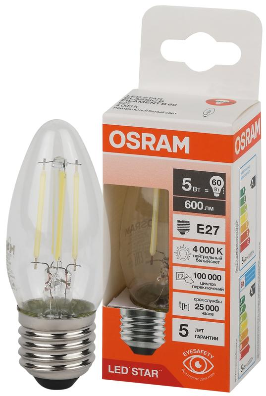 5W/4000K (=60W) E27 230V  LED STAR 5Y FILAMENT прозрачная - Светодиодная филаментная лампа Свеча OSRAM