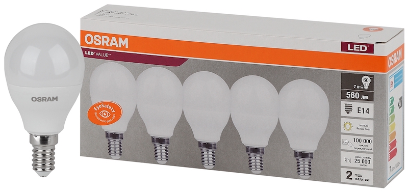 7SW/3000K(=60W) E14 230V (Экопак 5шт)- Светодиодная лампа OSRAM LED Value Шарик
