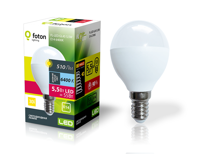FL-LED GL45  5.5W E14 6400К 220V 510Лм 45*80мм FOTON_LIGHTING  -  лампа шарик