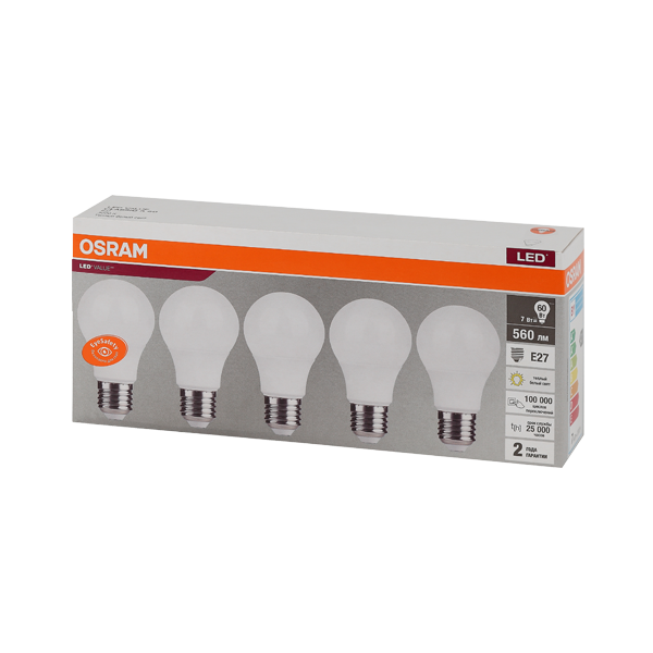7SW/3000K (=60W) E27 230V (Экопак 5шт)- Светодиодная лампа OSRAM LED Value Груша