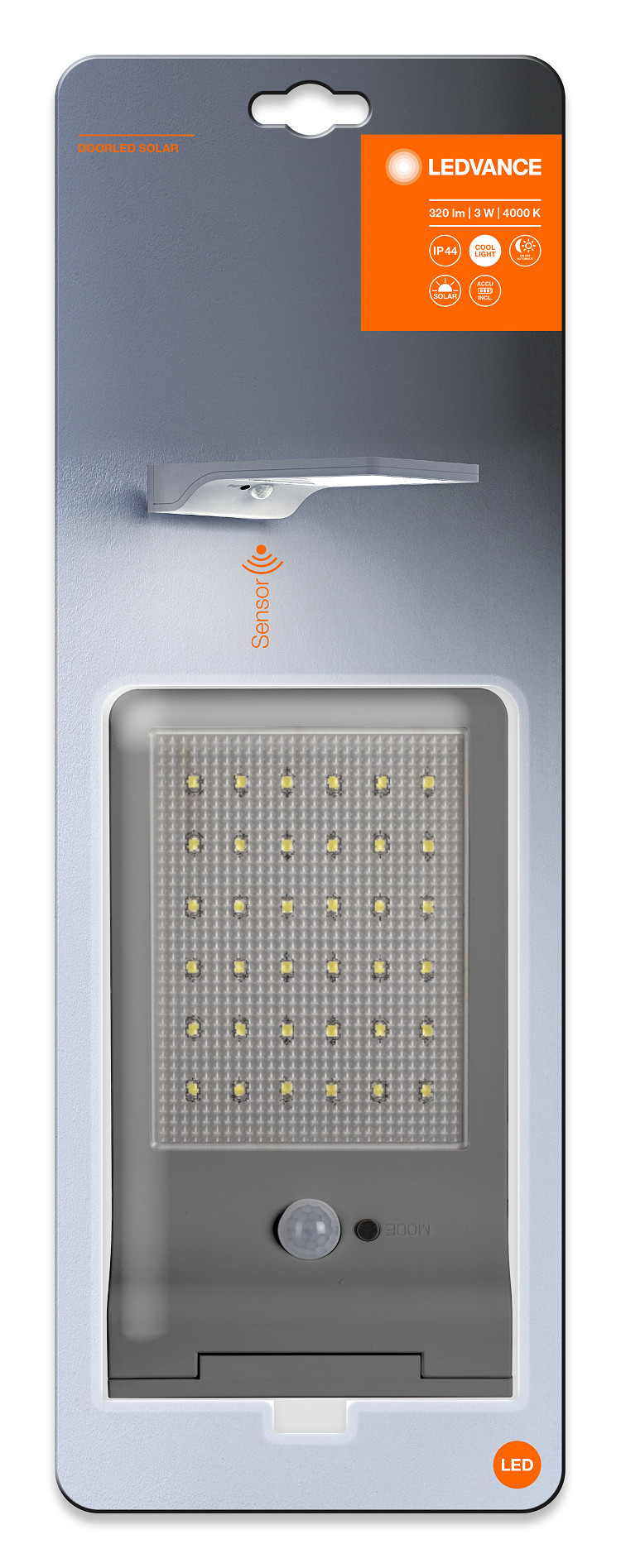 3W/4000K IP44 (Свет/Движение) Серебристый 192x30x110мм - Уличный ночник LEDVANCE DoorLED Solar Sensor
