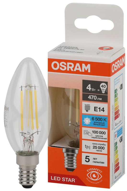 4W/6500K (=40W) E14 230V  LED Star 5Y FILAMENT прозрачная - Светодиодная филаментная лампа Свеча OSRAM
