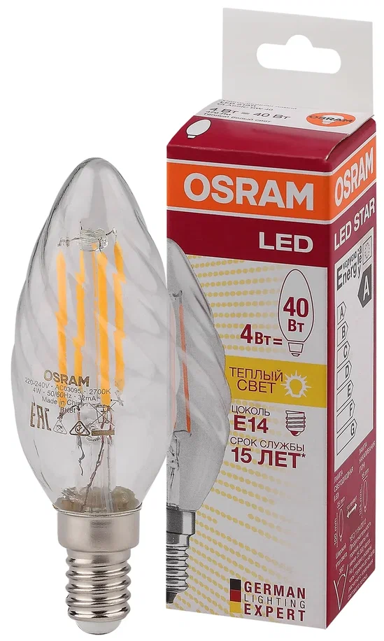 4W/2700K (=40W) E14 LED Star FILAMENT прозрачная - Светодиодная филаментная лампа Свеча витая OSRAM 