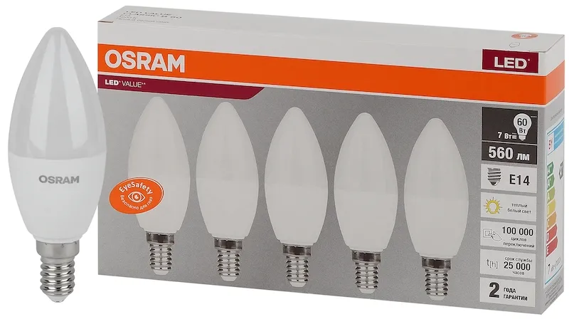 7SW/3000K(=60W) E14 230V (Экопак 5шт)- Светодиодная лампа OSRAM LED Value Свеча