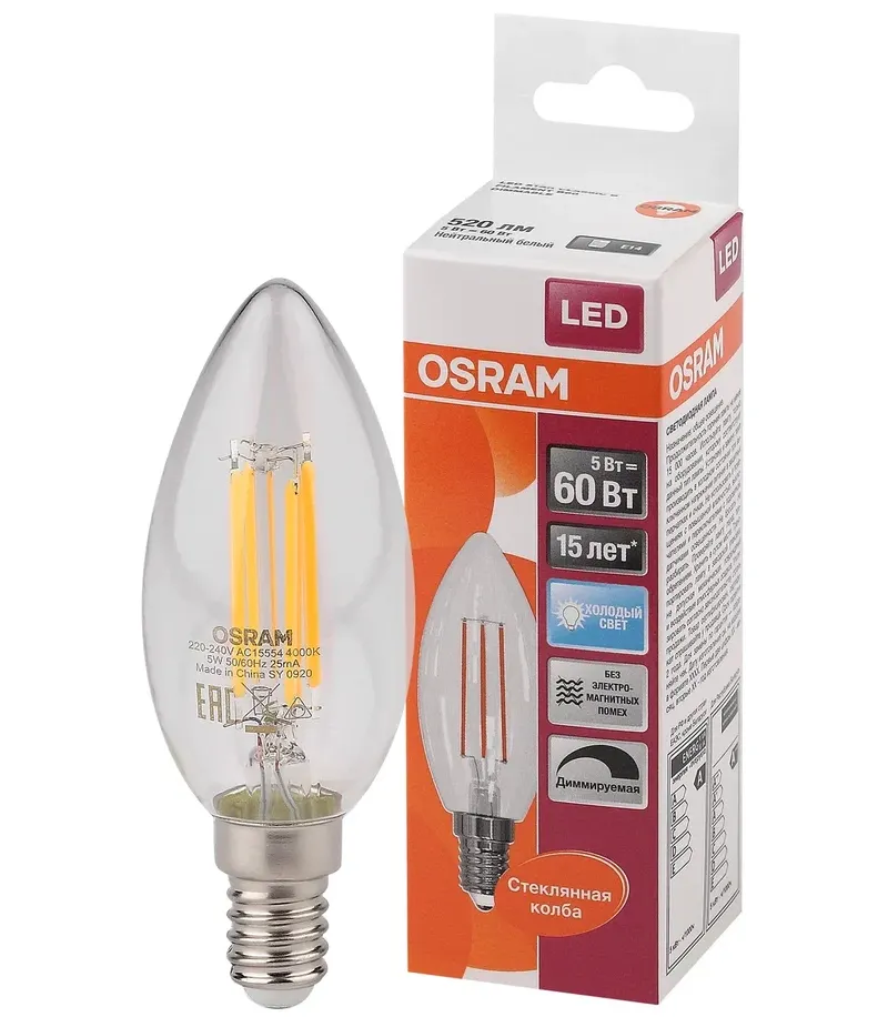 5W/4000K (=60W) E14 DIM LED Star FILAMENT прозрачная - Светодиодная филаментная лампа Свеча OSRAM